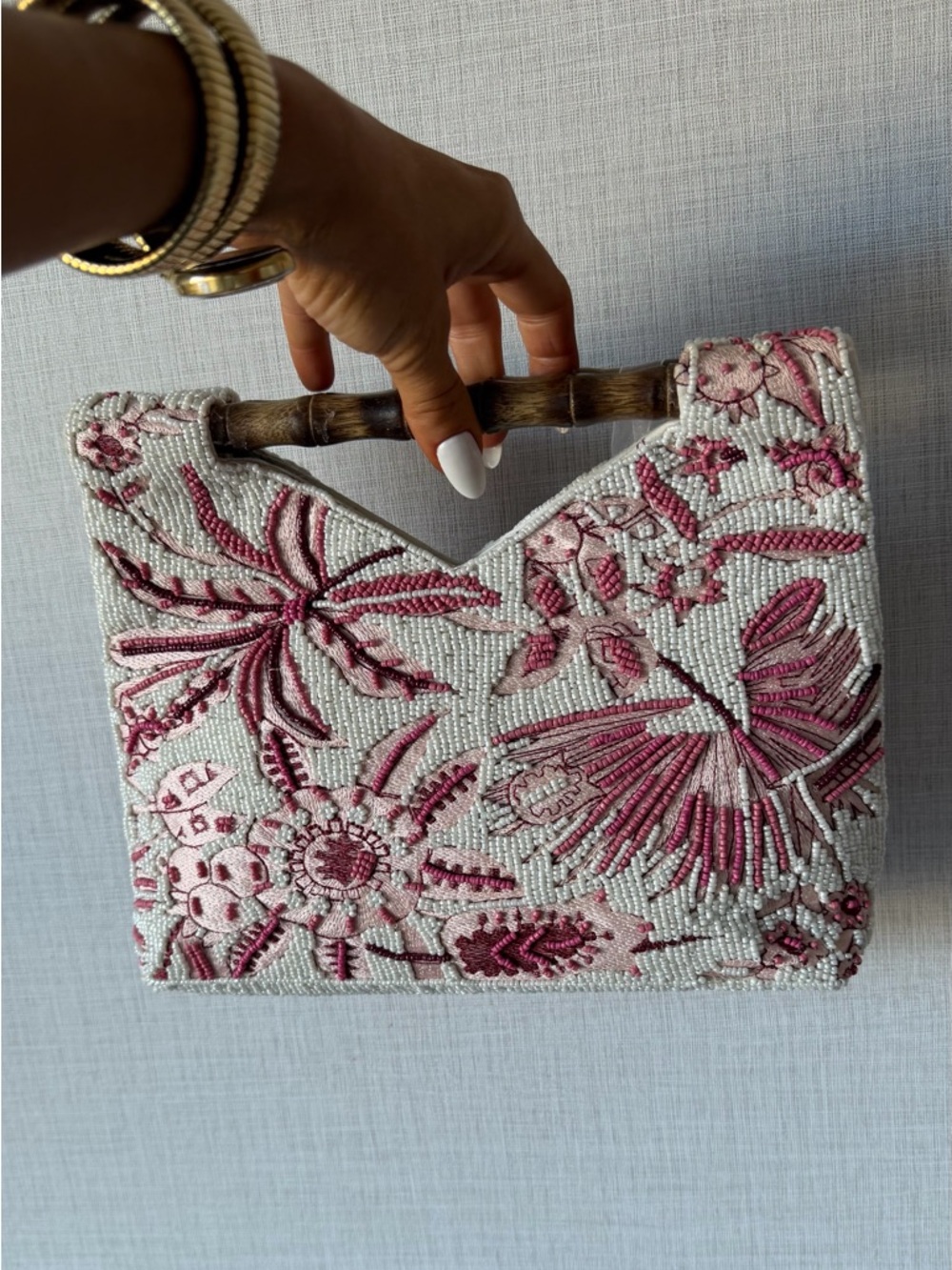 Embellished Beaded Floral Top-Handle Bag in White and Pink - Picture 2 of 6